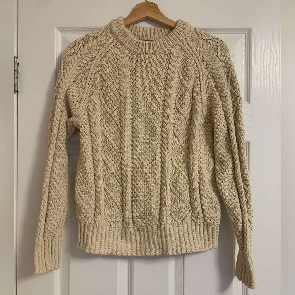 LL Bean Signature Women's Cream Fisherman Cable Sweater, medium